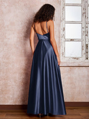 Maxi Robe en Satin à Bretelles Spaghetti avec Poches Bleu Marine