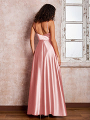 Maxi Robe en Satin à Bretelles Spaghetti avec Poches Rose Poudré