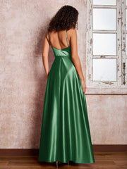 Maxi Robe en Satin à Bretelles Spaghetti avec Poches Emeraude