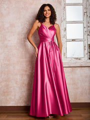 Maxi Robe en Satin à Bretelles Spaghetti avec Poches Fuchsia