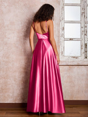 Maxi Robe en Satin à Bretelles Spaghetti avec Poches Fuchsia