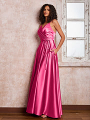 Maxi Robe en Satin à Bretelles Spaghetti avec Poches Fuchsia