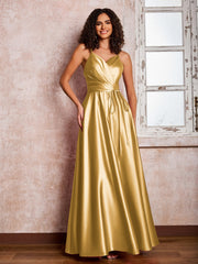 Maxi Robe en Satin à Bretelles Spaghetti avec Poches Or