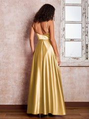 Maxi Robe en Satin à Bretelles Spaghetti avec Poches Or