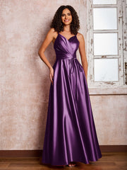 Maxi Robe en Satin à Bretelles Spaghetti avec Poches Raisin