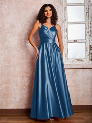 Maxi Robe en Satin à Bretelles Spaghetti avec Poches Bleu Encre