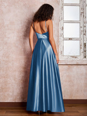 Maxi Robe en Satin à Bretelles Spaghetti avec Poches Bleu Encre