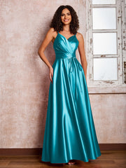 Maxi Robe en Satin à Bretelles Spaghetti avec Poches Jade