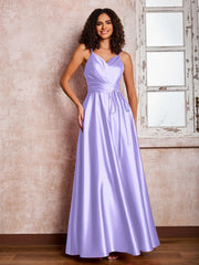 Maxi Robe en Satin à Bretelles Spaghetti avec Poches Lilas