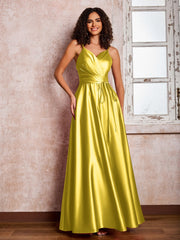 Maxi Robe en Satin à Bretelles Spaghetti avec Poches Souci