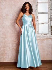 Maxi Robe en Satin à Bretelles Spaghetti avec Poches Brume