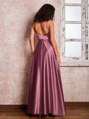 Maxi Robe en Satin à Bretelles Spaghetti avec Poches Mûre