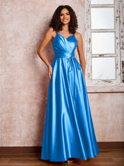 Maxi Robe en Satin à Bretelles Spaghetti avec Poches Bleu Océan