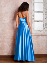 Maxi Robe en Satin à Bretelles Spaghetti avec Poches Bleu Océan