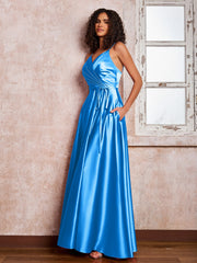 Maxi Robe en Satin à Bretelles Spaghetti avec Poches Bleu Océan