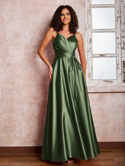 Maxi Robe en Satin à Bretelles Spaghetti avec Poches Olive Verte