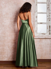 Maxi Robe en Satin à Bretelles Spaghetti avec Poches Olive Verte