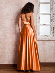 Maxi Robe en Satin à Bretelles Spaghetti avec Poches Orange