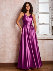 Maxi Robe en Satin à Bretelles Spaghetti avec Poches Orchidée