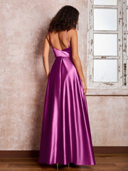 Maxi Robe en Satin à Bretelles Spaghetti avec Poches Orchidée