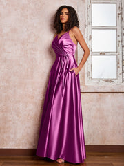 Maxi Robe en Satin à Bretelles Spaghetti avec Poches Orchidée