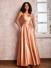 Maxi Robe en Satin à Bretelles Spaghetti avec Poches Papaye