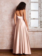 Maxi Robe en Satin à Bretelles Spaghetti avec Poches Rose Perle