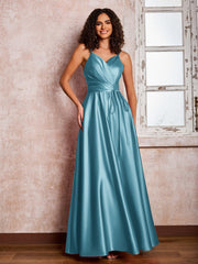 Maxi Robe en Satin à Bretelles Spaghetti avec Poches Piscine