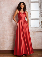 Maxi Robe en Satin à Bretelles Spaghetti avec Poches Rouge