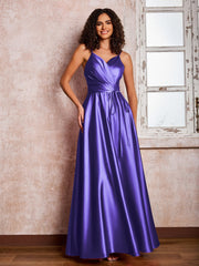 Maxi Robe en Satin à Bretelles Spaghetti avec Poches Régence