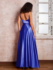 Maxi Robe en Satin à Bretelles Spaghetti avec Poches Bleu Royale