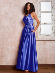 Maxi Robe en Satin à Bretelles Spaghetti avec Poches Bleu Royale