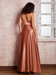 Maxi Robe en Satin à Bretelles Spaghetti avec Poches Rouille