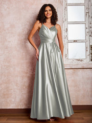 Maxi Robe en Satin à Bretelles Spaghetti avec Poches Argent