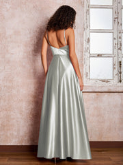 Maxi Robe en Satin à Bretelles Spaghetti avec Poches Argent