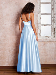 Maxi Robe en Satin à Bretelles Spaghetti avec Poches Bleu Ciel