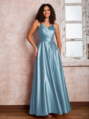 Maxi Robe en Satin à Bretelles Spaghetti avec Poches Bleu de Schiste