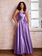 Maxi Robe en Satin à Bretelles Spaghetti avec Poches Tahiti