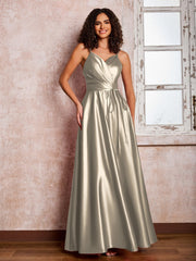 Maxi Robe en Satin à Bretelles Spaghetti avec Poches Taupe