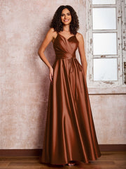 Maxi Robe en Satin à Bretelles Spaghetti avec Poches Terracotta