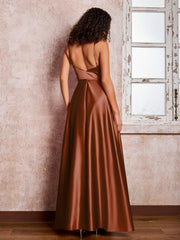 Maxi Robe en Satin à Bretelles Spaghetti avec Poches Terracotta
