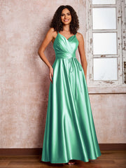 Maxi Robe en Satin à Bretelles Spaghetti avec Poches Turquoise