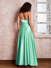 Maxi Robe en Satin à Bretelles Spaghetti avec Poches Turquoise