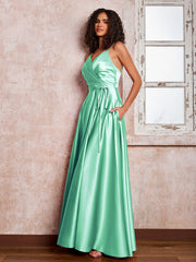 Maxi Robe en Satin à Bretelles Spaghetti avec Poches Turquoise