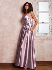 Maxi Robe en Satin à Bretelles Spaghetti avec Poches Vintage Mauve