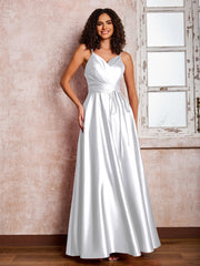 Maxi Robe en Satin à Bretelles Spaghetti avec Poches Blanc