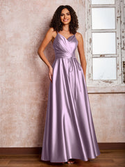 Maxi Robe en Satin à Bretelles Spaghetti avec Poches Glycine