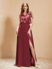 Robe de A-ligne Longueur au Sol à Col en V avec Fente Cannelle Rose Grande Taille