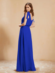 Robe de A-ligne Longueur au Sol à Col en V avec Fente Bleu Royale Grande Taille