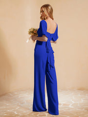 Jumpsuit Plissé en Mousseline avec Ceinture Bleu Royale